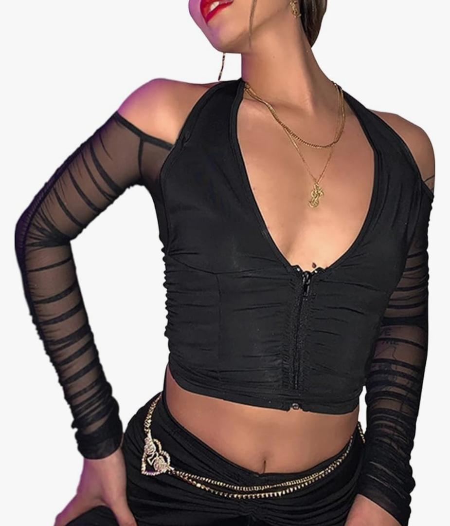Lancifolium Women’s Halter Long Sleeve Crop Top Y2k Deep V Neck T Shirts Black S