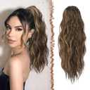 FESHFEN Ponytail Extensions - Drawstring Ponytails Hair Extension Long Curly Wavy Hair Piece Synthetic Pony Tail Hairpieces for Women, Black Brown Mix Golden Blond 18 inch