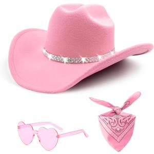 3Pcs Rhinestone Cowboy Hat for Women with Bandana, Heart Sunglasses set, Wide Brim Cowgirl Hat for Western Disco Party (Pink)