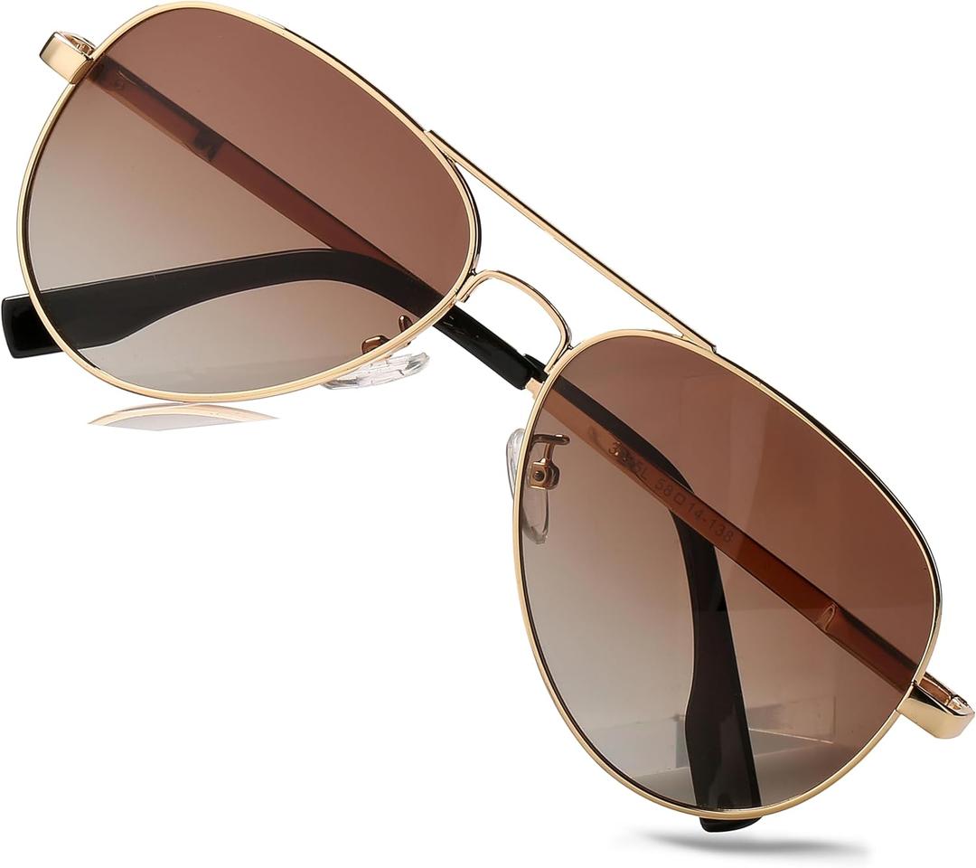 HJSTES Polarized Aviator Sunglasses for Women Men Classic Metal Shades Mirror Lens 100% UV Blocking, 58mm (A08 Gold Frame/Gradient Brown Lens)