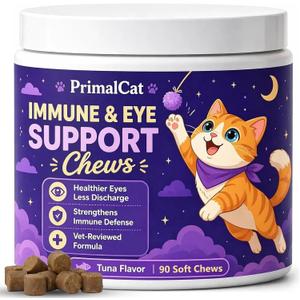 PrimalCat Immune & Eye Support Chews for Cats, Daily Wellness Soft Chews with L-Lysine, Taurine, Beta-Glucan & Colostrum, Supports Healthy Eyes and Immune Function, 90 Count(1pc)