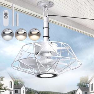 RSFMAS Outdoor Ceiling Fans with Light for Patio, 15" Gazebo Fan Outdoor Hanging Waterproof 6 Speeds Plug in Caged Ceiling Fan with Remote Control, 3 Color Temperature for Porch Pergola (White)