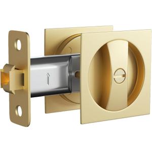 Lethato Pocket Door Hardware Gold, Pocket Door Lock, Pocket Door Latch, Brushed Gold Contemporary Sliding Pocket Door with Privacy Lock for Bathroom & Bedroom (1 Pack, Square)