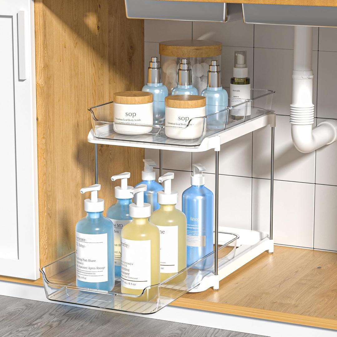 Delamu 2-Tier Multi-Purpose Bathroom Under Sink Organizers and Storage, Stackable Kitchen Pantry Organization, Pull Out Medicine Cabinet Organizer with Movable Dividers, White, 1 Pack