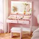 COMHOMA Makeup Vanity Desk with Mirror and Lights, Vanity Table and Chair Set with 5 Drawers and Charging Station, Bedroom Dresser LED Mirror Step less Dimmable & 3 Color Modes Adjustable, Pink (Large)