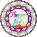CHDITB 3D Happy Holi Wood Sign, Indian Hindu Festival of Colors Party Hanging Decor, Celebrating Spring Wooden Wall Hanger, Colorful Round Holi Hai Door Sign for Front Door Porch Farmhouse(12"x 12")