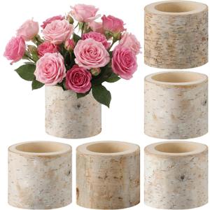 6 Pcs Natural Birch Vase Wooden Vase Natural Birch Bark Flower Pots Country Style Wood Planter for Garden Wedding Party Window Home Farmhouse Centerpieces