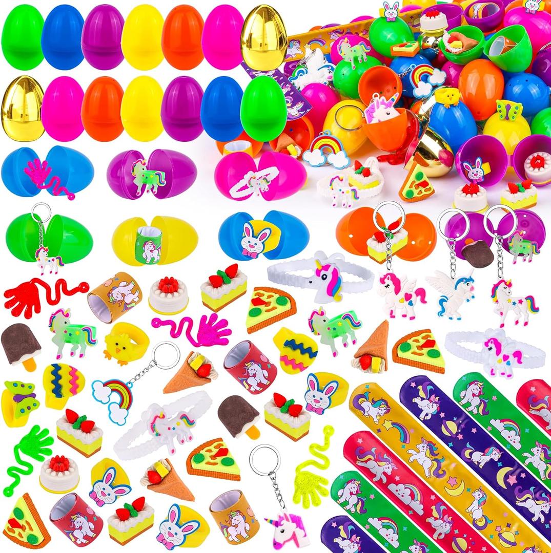 [ 6 Surprise Gold Eggs ] 100 Pack Prefilled Easter Eggs with Assorted Toys Inside, Truly Pre Filled Plastic Easter Egg Filles Fidget Toys Easter Hunt, Basket Stuffers Party Favors for Kids Boys Girls