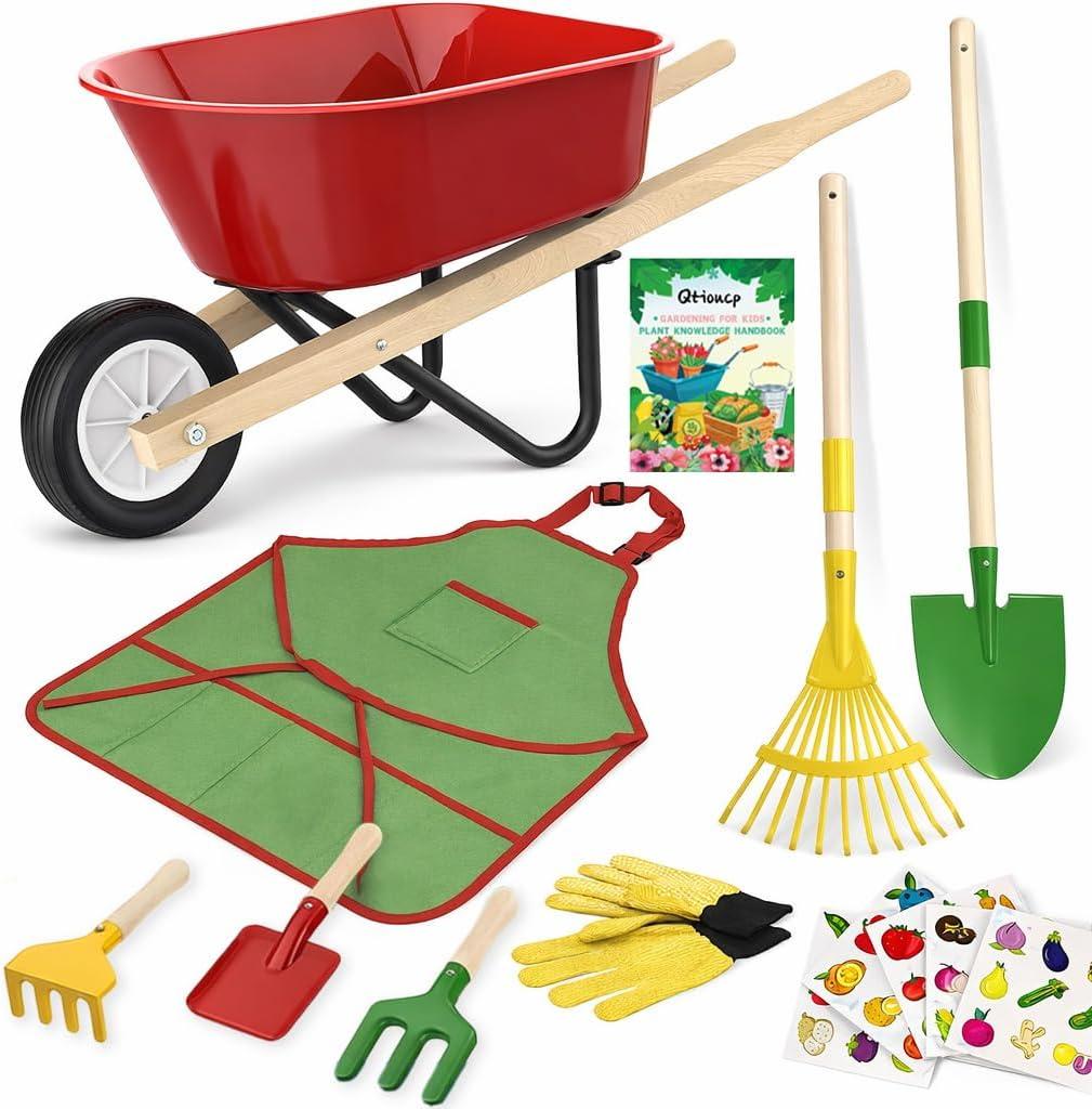 Kids Gardening Wheelbarrow Set, Metal & Wooden Garden Tools for Kids Ages 3-8, Real Wheelbarrows with Apron, Gloves & STEM Guide, Outdoor Backyard Garden Toy Gift (Wheelbarrow Garden Set)
