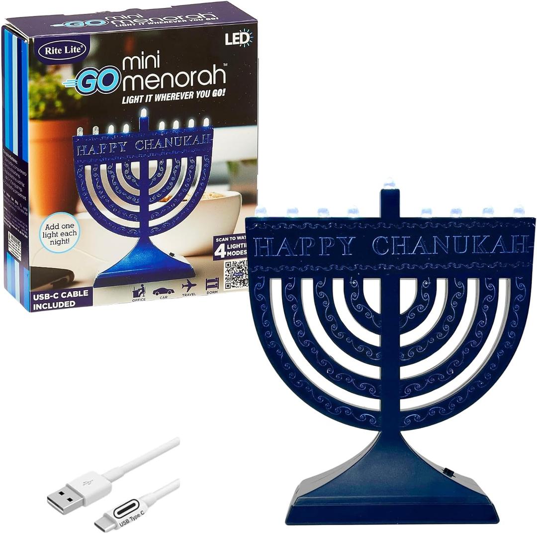 Rite Lite Go Mini Blue Electric Menorah - Light It Anywhere! Chanukah Jewish Holiday Party Favors Decorations with USB C Cable, Judaica Modern Hanukkah Gifts Festival of Lights