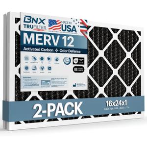 BNX TruFilter 16x24x1 MERV 12 Odor Defense (2-Pack) AC Furnace Air Filter with Activated Carbon - MADE IN USA - Pleated Air Conditioner HVAC AC Furnace Filters - Removes Odor, Mold, Bacteria, Smoke