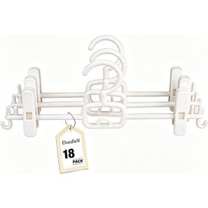 18 Pack Pants Hangers with Clips-Stackable White Plastic Trouser Skirt Hangers, 360 Swivel Hook, Adjustable Non-Slip Clips, Space Saving Closet Organizers for Jeans, Baby Clothes, Drying