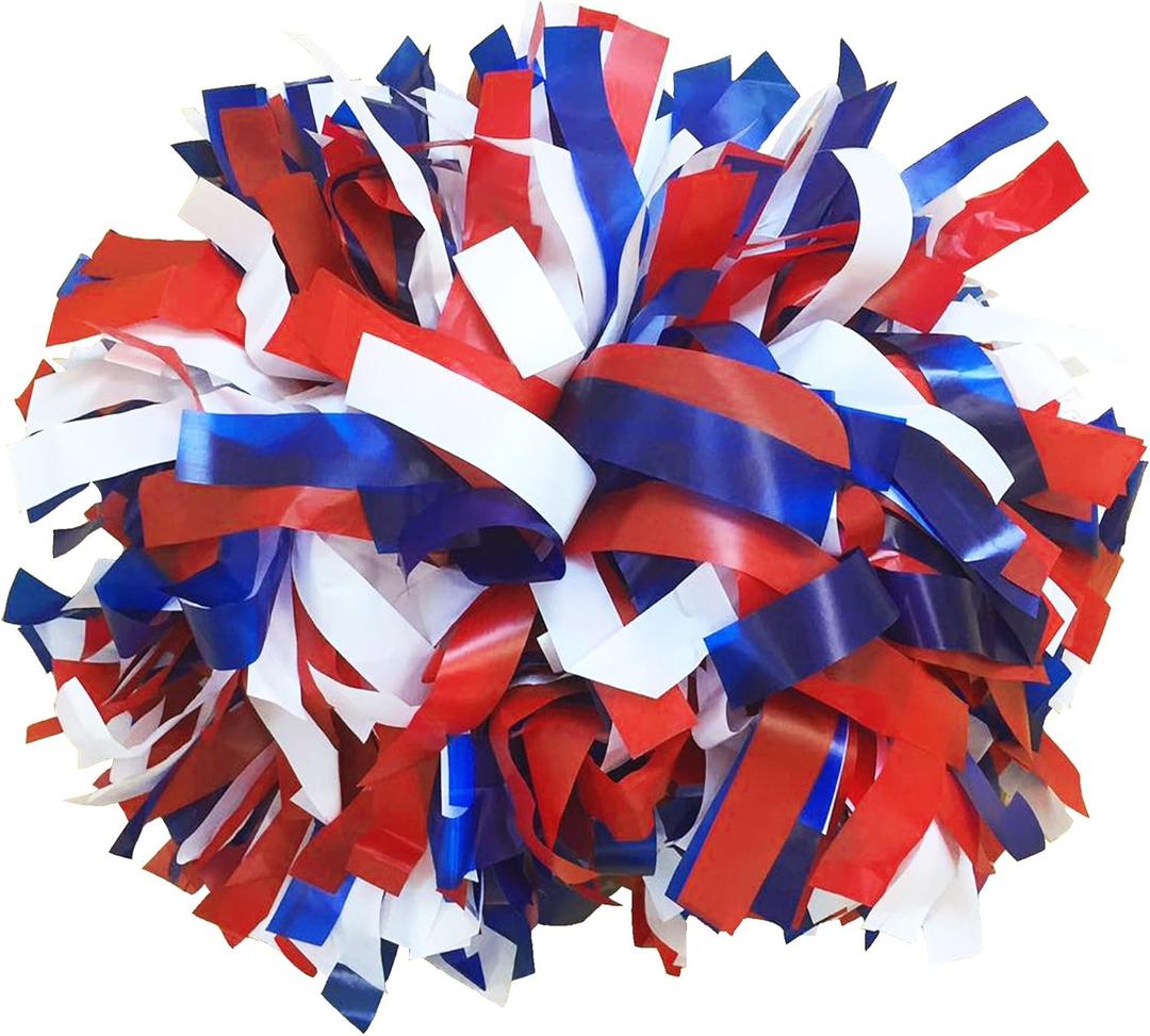 Pair, 6" Plastic Cheerleading Pom Pom with Baton Handle (-Royal Blue/Red/White-)