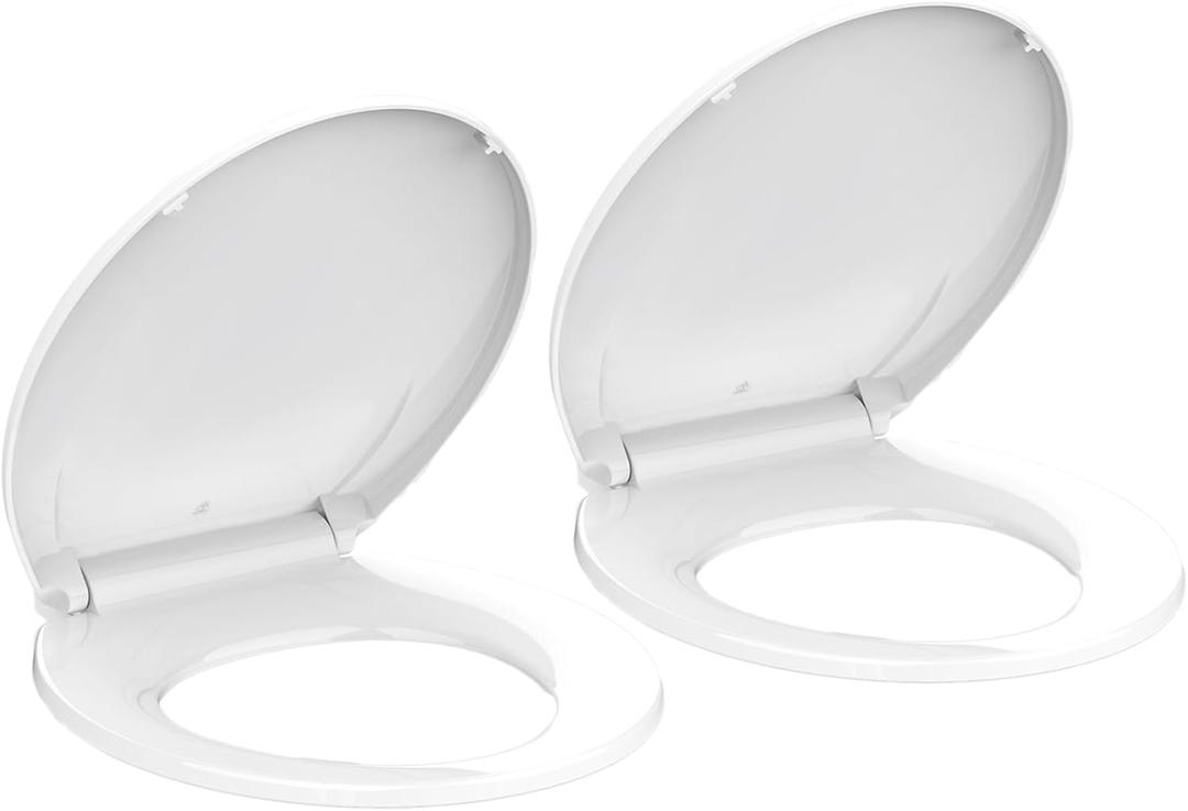 2-Pack 17" Round Slow Close Toilet Seats, White Polypropylene (PP) Covers with Never Loosen Feature, Soft Close Quiet Design with Magnetic Absorption, Easy Installation for Bottom Fixing Toilets