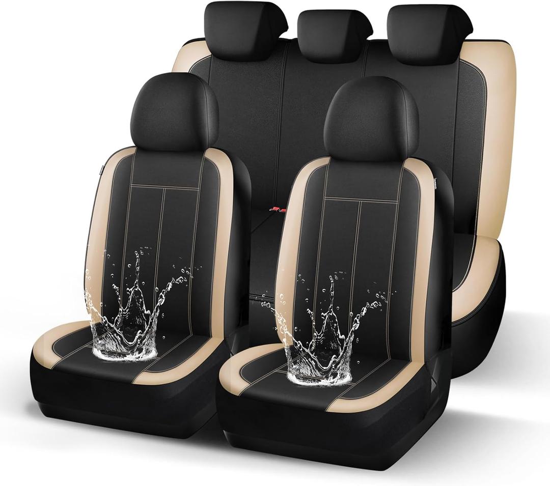 Waterproof Car seat Covers Full Set, Premium Neoprene Lining Seat Covers, Airbag Compatibable,Universal Automotive Comfort Protection for Most Cars,Trucks,SUVs(Black Beige 816)
