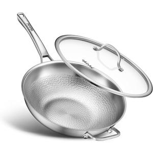 VEDNHOL Titanium Wok Pan,13in Pure Titanium Hammered Pro pans, Non Stick Skillet for Cooking, NonToxic, PFAS/PFOA/PTFE Free Cookware, Dishwasher&Oven Safe, Kitchen Induction Compatible
