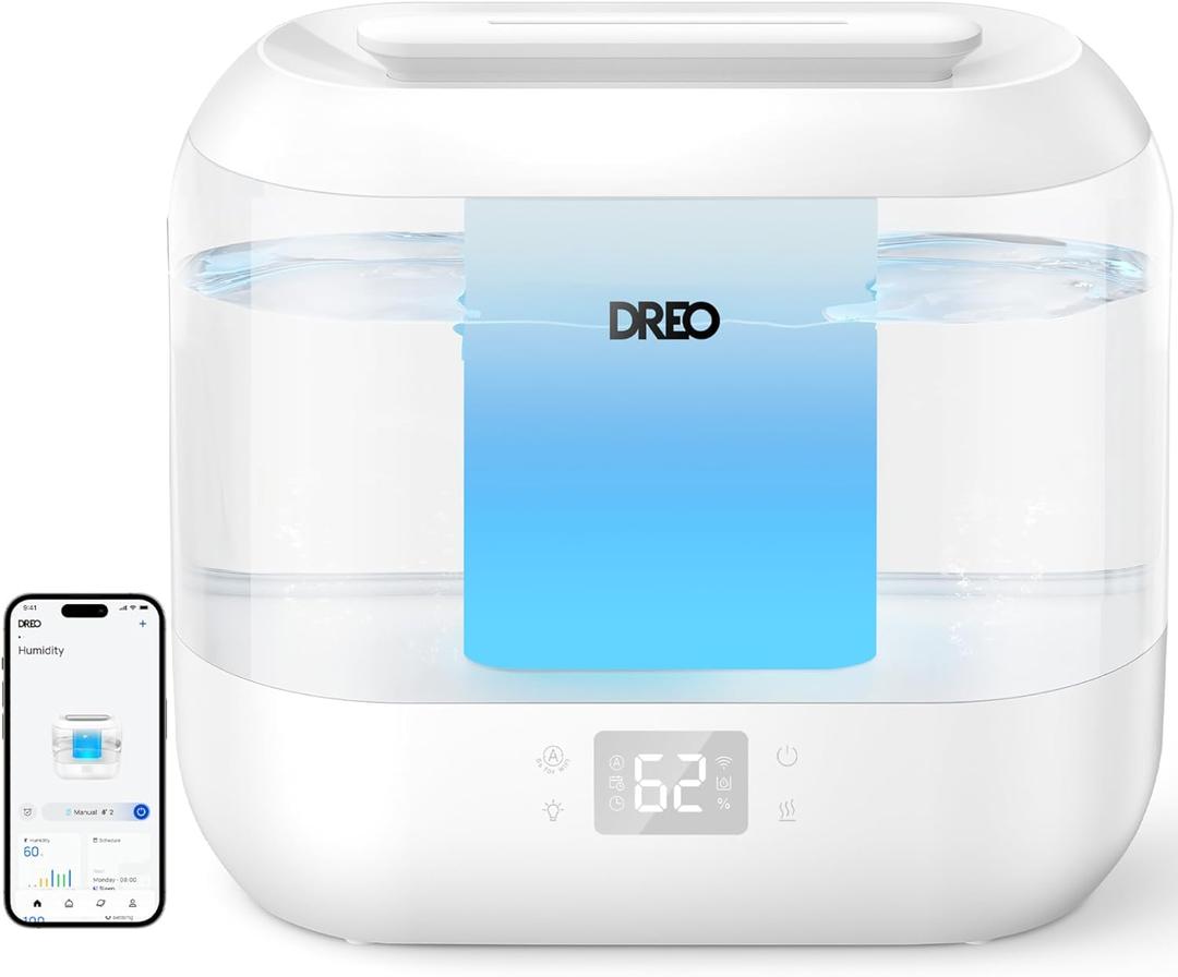 Dreo Smart Humidifier, Cool Mist Humidifiers for Bedroom, Quiet 4L Top Fill Ultrasonic Humidifiers for Home Office Plant & Baby with Nightlight, LED Display, 36H Runtime, APP/Voice Control, HM311S (White)