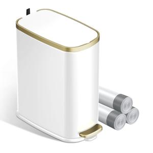 KUK Small Bathroom Garbage Can with Lid Soft Close, Step Pedal, 2.6 Gal Stainless Steel Garbage Can with Removable Inner Basket, Anti-Fingerprint Wastebasket for Office, Bedroom, Toilet (White)