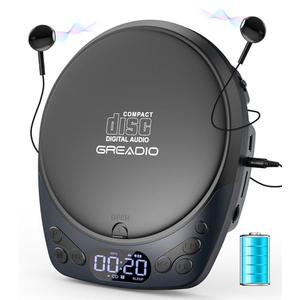 Portable CD Player with Headphones, Rechargeable Discman CD Player for Car & Home, Small CD Players Portable with 60s Anti-Skip, Supports CD/MP3/WMA/TF Card/AUX, Backlit/Lock/Programmable/Timer