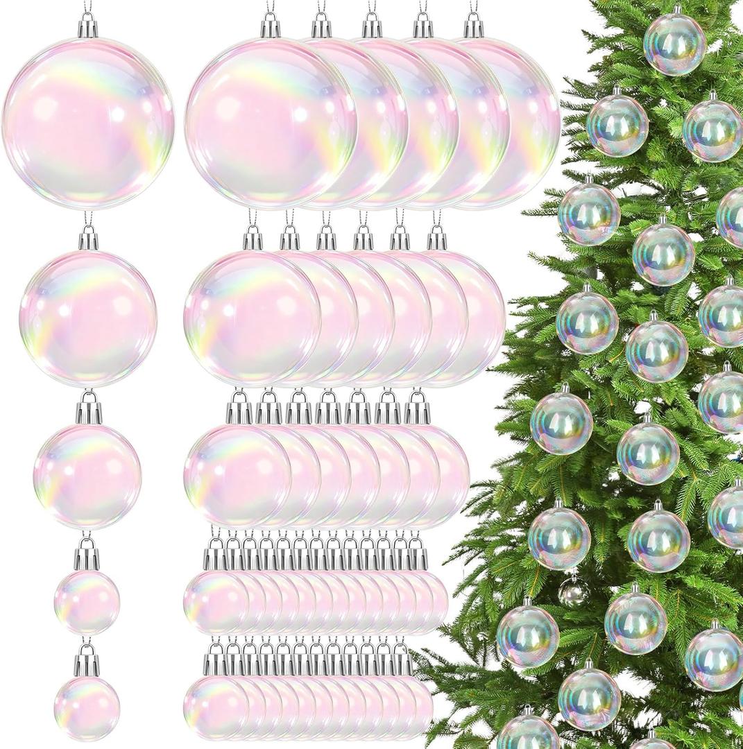 Wettarn 50 Pcs Clear Christmas Iridescent Ornaments Balls 1.2'' 2'' 3.2'' 4'' Transparent DIY Shatterproof Hanging Christmas Rainbow Ornaments Decorations Xmas Tree Wreath Holiday Party