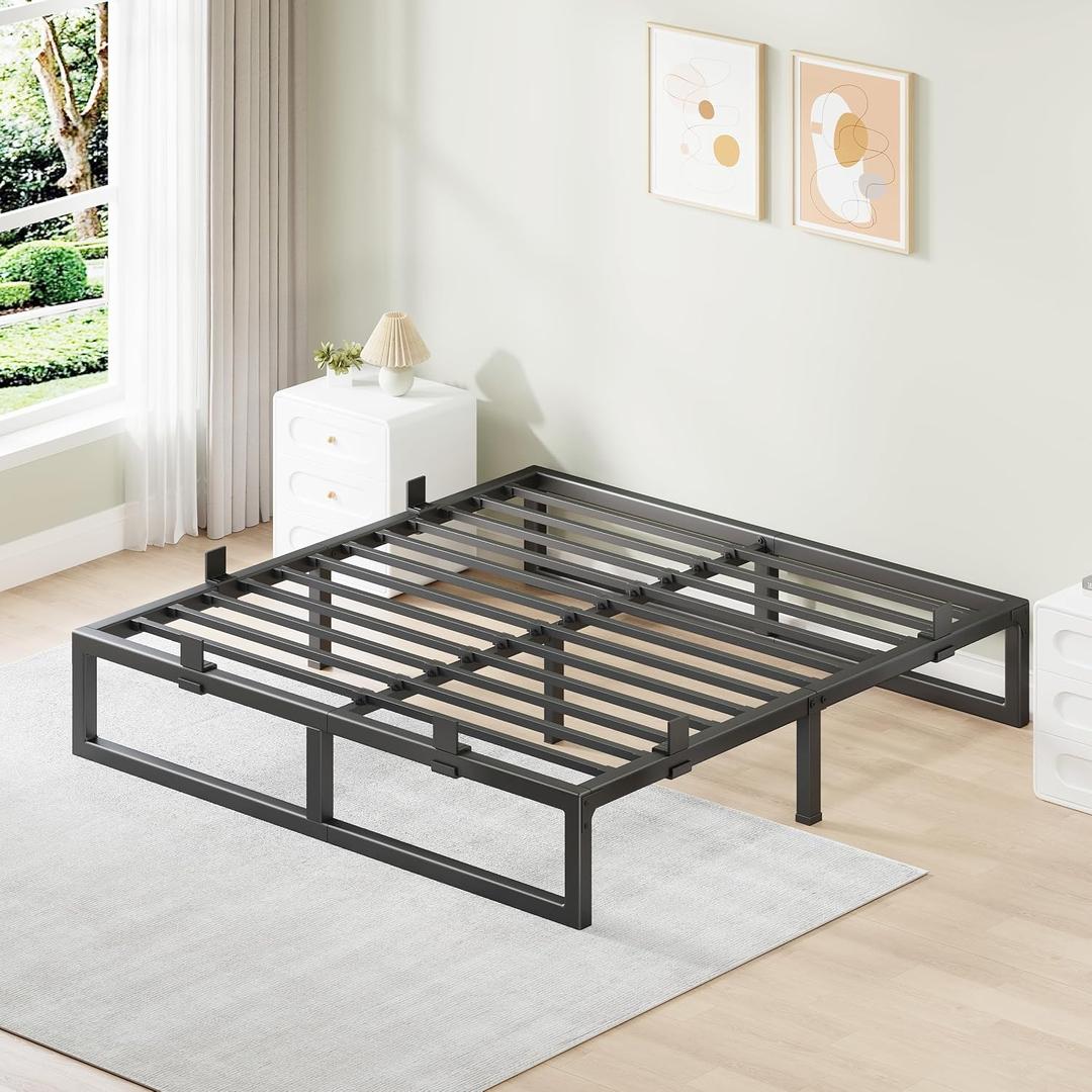 King Size Bed Frame, 10 Inch Metal Platform Bed Frames with Squeak Free U-Slot Design, 6 Non-Slip Guards, 3500lbs Heavy Duty Steel Slat Support, No Box Spring Needed, Under Bed Storage, Black