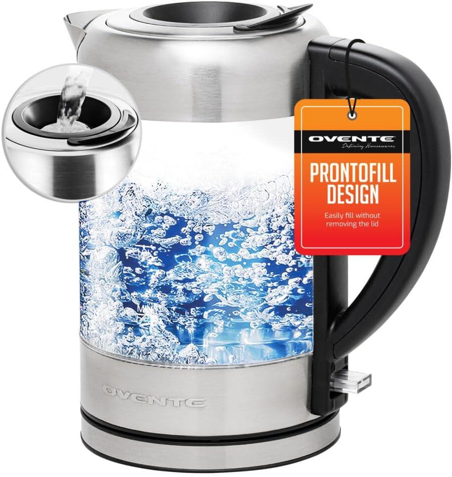 OVENTE Electric Kettle with 1.7L Borosilicate Glass, 1500W Instant Water Boiler and Heater for Coffee or Tea, BPA Free, Easy to Fill Lid, Auto Shut-Off and Boil Dry Protection, Silver KG612S