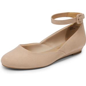 DREAM PAIRS Women's Dress Flats Ballet Low Wedge | Round Toe Flats, Ankle Strap, Comfortable Casual Flat Shoes (Beige, size 6.5)