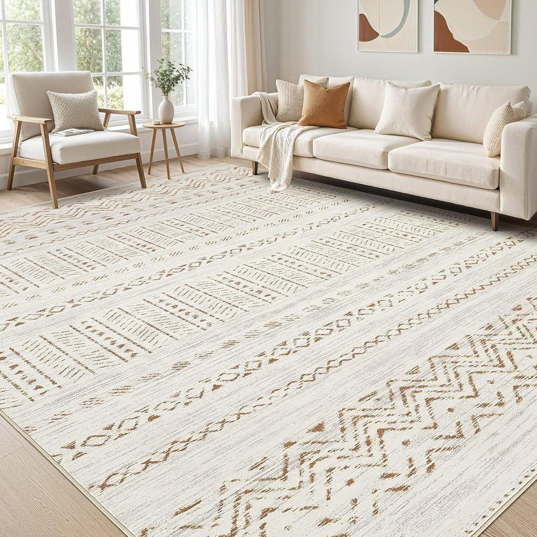 Large Living Room Area Rug 10x12: Soft Machine Washable Boho Moroccan Farmhouse Rugs for Bedroom Under Dining Table - Non-Slip Neutral Morden Rug Carpet for Home Office Decor - Brown/Cream