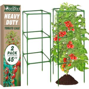 ZeeDix 45 Inch Tomato Cages 2 Pack, Heavy Duty Adjustable Metal Garden Plant Supports for Climbing Vegetables - Square Cage for Tomatoes, Cucumbers, Peas, Flowers with 20 Plant Clips