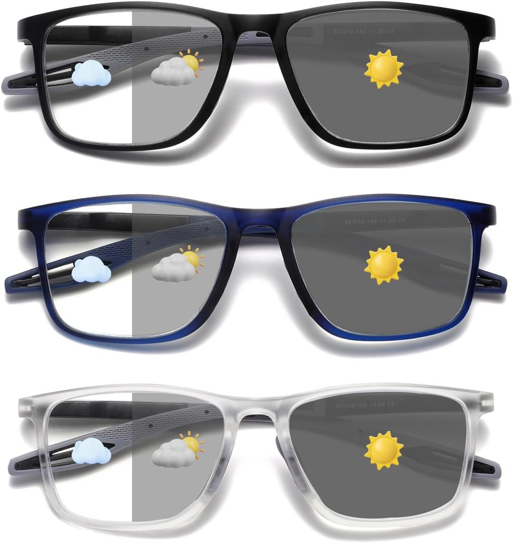Hubeye Photochromic Reading Glasses for Men and Women TR90 Sport Reader Anti Glare UV Ray Filter Matte black+Matte blue+Transparent+2.25