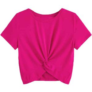 Milumia Girl's Casual Twist Hem Short Sleeve Round Neck Crop Top Tee Shirt (Pink)- 10Y