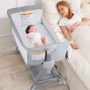 BIERUM Baby Bassinet for Baby - 7 Height Adjustable Bedside Bassinet with Lockable Wheels, Easy to Assemble Portable Bedside Crib with Large Storage Bag & Mattress for Newborn/Infant | Easy to Assemble, Portable Bedside Crib with Large Storage Bag & Side Pocket, Best for for Newborn/Infant 0-6 Months, 36.6*22*32.2inch