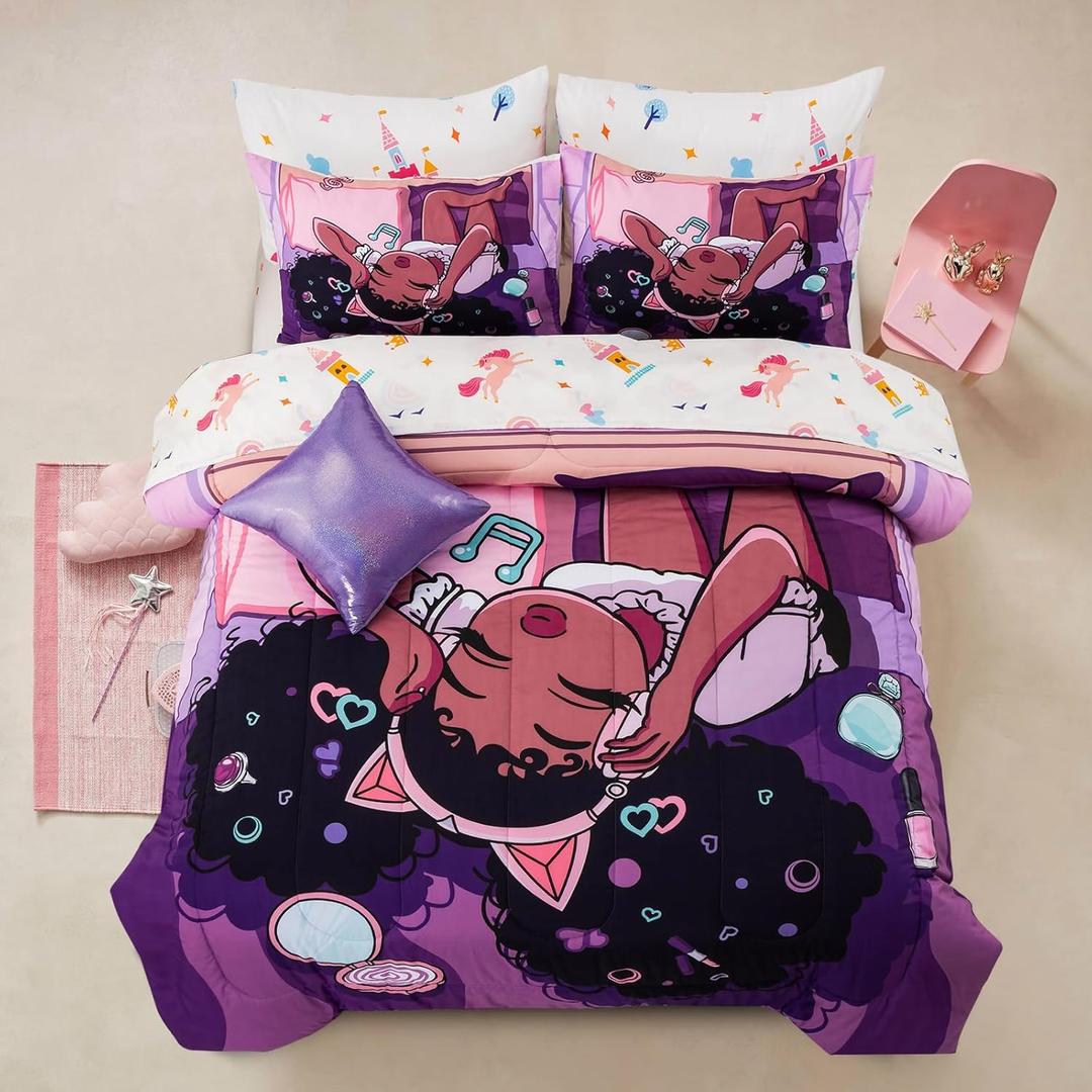 A Nice Night Purple Comforter Sets,Black Girl Listening Music Printed, 6Pcs Bed in A Bag Twin Size All Seasons Bedding Set,for Kids, Girls