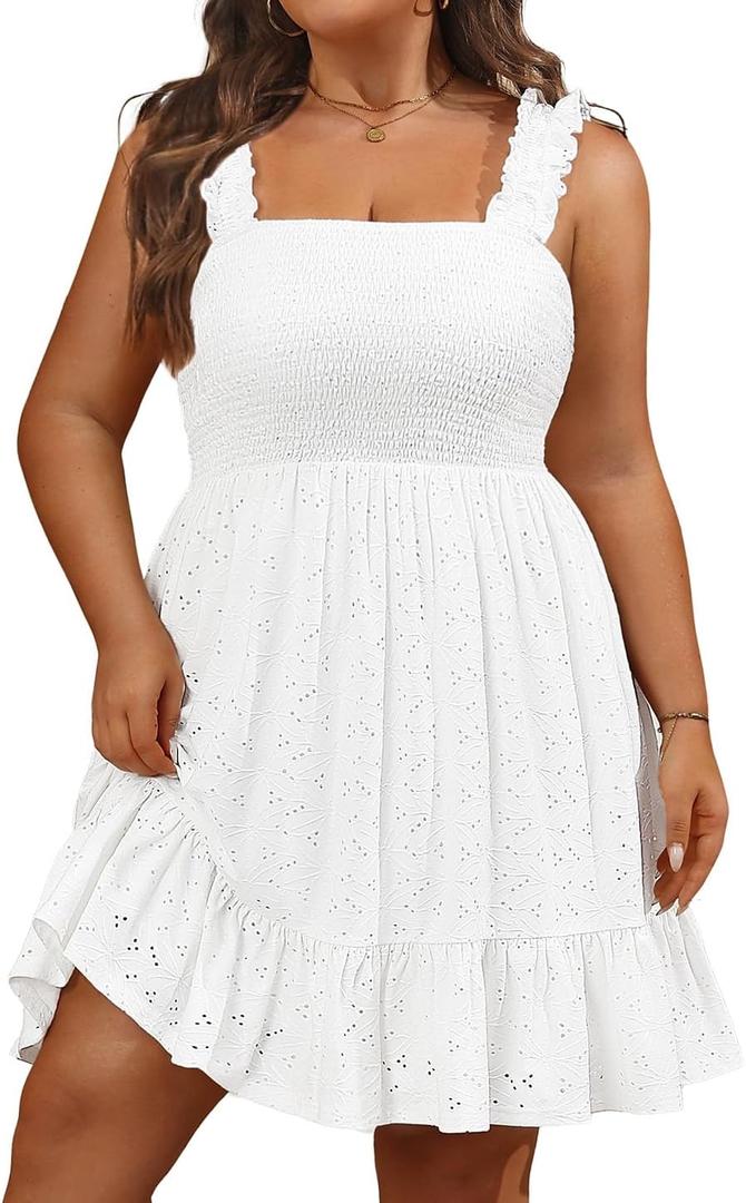  Womens Plus Size Summer Dresses - Casual Eyelet Square Neck Sleeveless Smocked Ruffle A-Line Cute Short Sundress (White) 20W