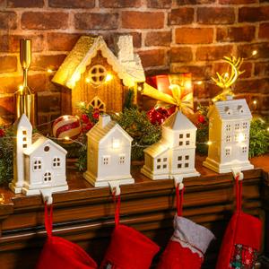 4 Pcs House Stocking Holder Christmas Ceramic House Sock Holder Set Christmas Stocking Hangers Hooks Decoration Rustic Farmhouse Stocking Hooks for Mantle Xmas Holiday Party Gift Supplies