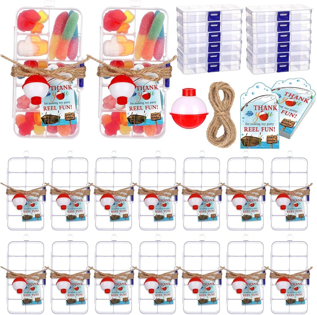 Wonderjune 24 Sets Fishing Party Favors Candy Little Tackle Boxes with Red White Floater Thank You Cards for Making My Reel Fun Fishing Theme Party Decorations