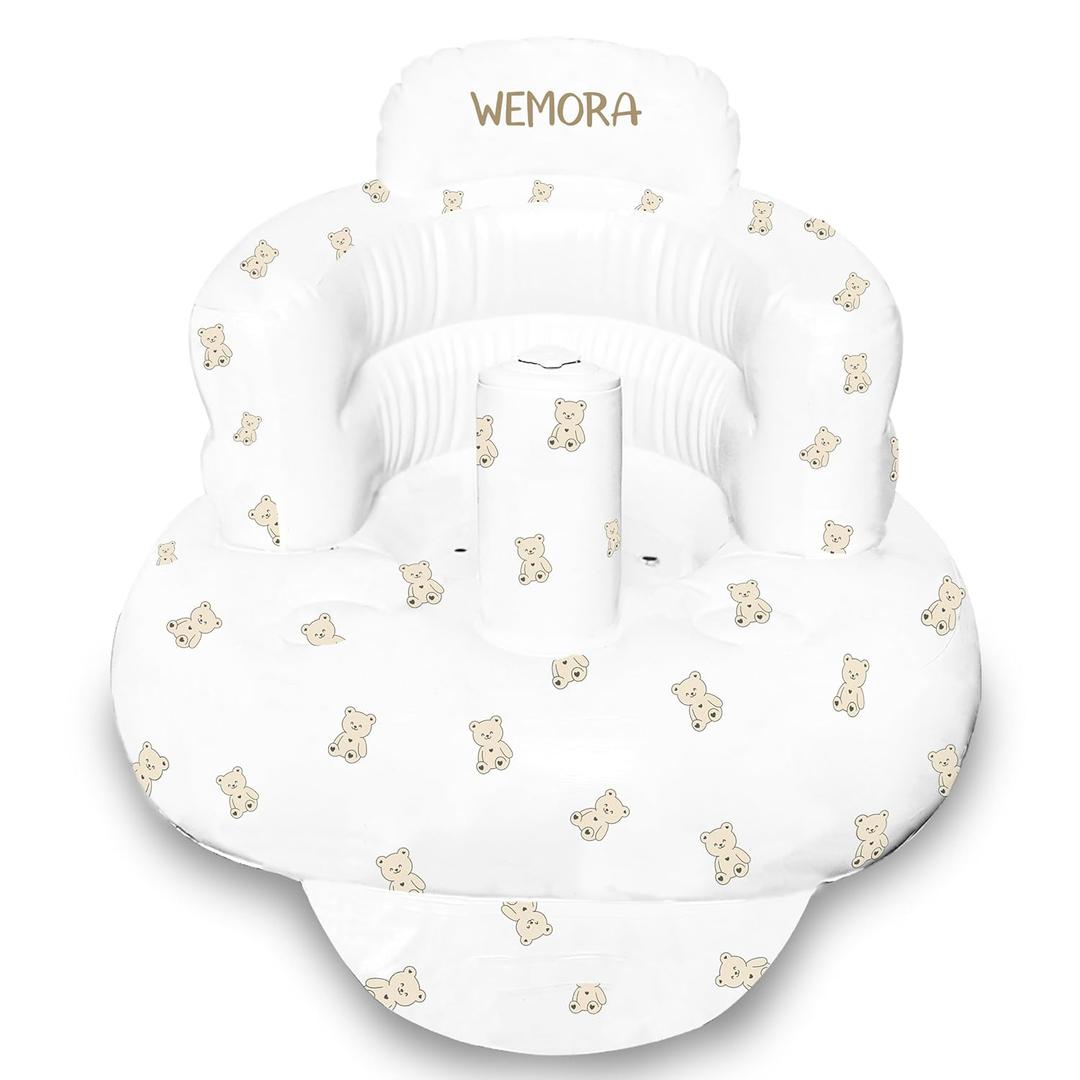 Inflatable Baby Seat for Babies 3-36 Months Built-in Air Pump Toddler Floor Seat with Back Support for Sitting Up Portable Blow Up Baby Chair for Feeding Shower and Playtime (Bear)