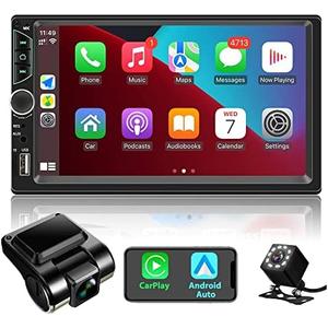 Double Din Car Stereo with Dash Cam,Compatible with Apple Carplay,Android Auto,7 inch Touch Screen Car Radio Receiver with Bluetooth, Mirror Link, Backup Camera, Navigation, FM, USB/TF/AUX
