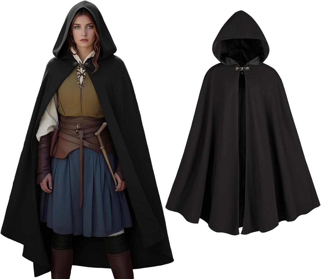 Women's Hooded Velvet Cloak, Renaissance Medieval Buckle Cape,Halloween Costume Cloak, One Size(Black)