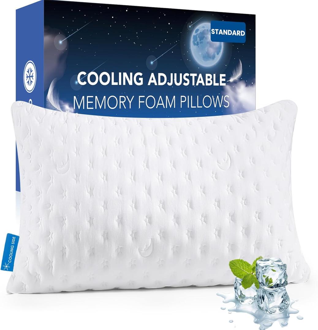 KUCEY Cooling Side Sleeper Pillow for Neck and Shoulder Pain, Luxury Shredded Memory Foam Curved Bed Pillows for Sleeping Set of 1- Adjustable Queen Size- Washable Cover Original White