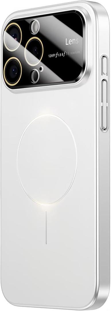Magnetic for iPhone 14 Pro Max Case,Built-in Glass Camera Lens Protector,Compatible with MagSafe,Large Window Logo View Slim Matte Military Drop Protection Shockproof Dust-Proof Cover,(White)
