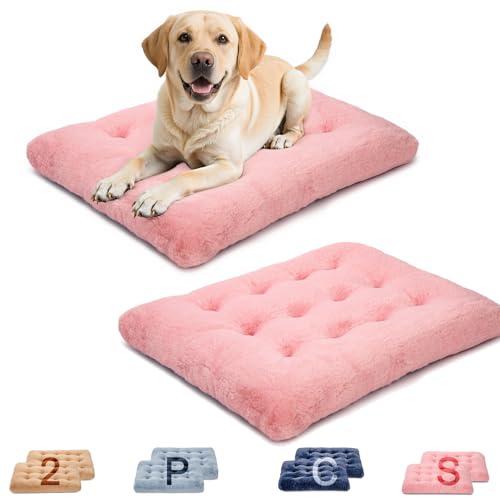MOIRIG 2 Pack Washable Dog Bed, Deluxe Plush Dog Crate Beds with Anti-Slip, Comfy Kennel Pad Pet Sleeping Mat for Large, Medium and Small Dogs (2 Pack x Pink, 35.0" L x 23.0" W x 3.0" Th)