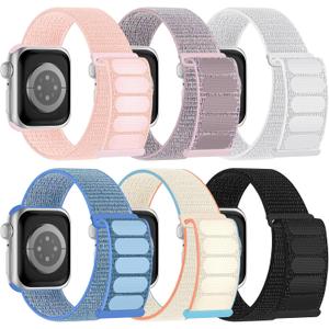 6 Pack Sport Nylon Loop Band Compatible with Apple Watch Bands 38mm 40mm 41mm 42mm 44mm 45mm 46mm 49mm for Women Men, Adjustable Breathable Braided Straps for iWatch Series 10/9/8/7/6/5/4/3/SE/Ultra (38/40/41mm/42mm(Series 10), Pink /Pink Sand/Reflective White/Lake Blue/Light Beige/Black)