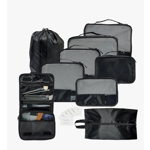 9 Set Packing Cubes - Suitcase Organizer, Cute Packing Cubes, Travel Bags Organizer for Luggage with Hanging Toiletry and Shoe Bag, Travel Essentials for Women, Men and Kids -Black
