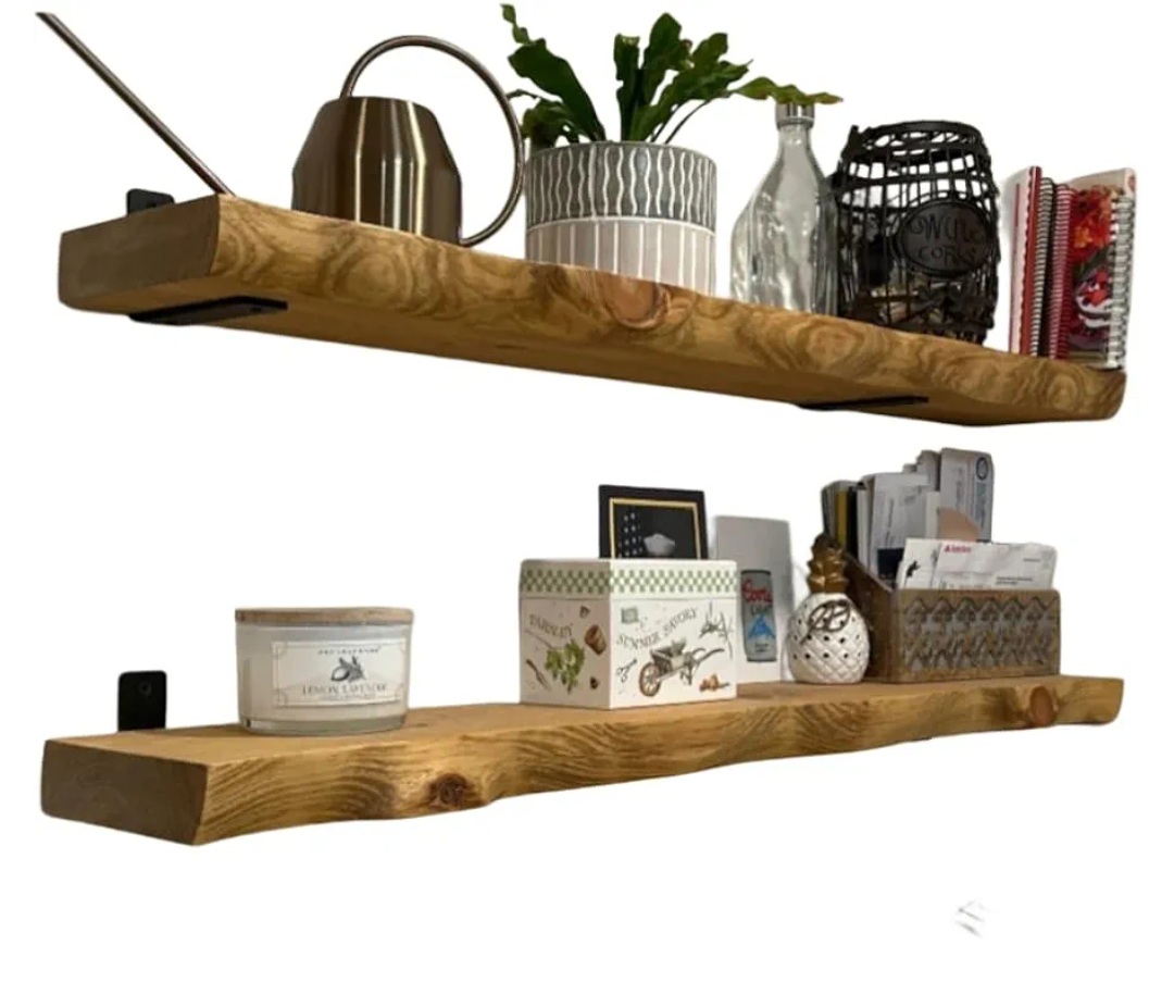 Live Edge Hand Carved Look Solid Wood Shelf with Iron L Brackets, 2 Inches thick