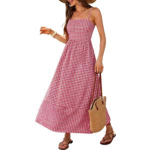 Caracilia Womens Maxi Dresses Gingham Spaghetti Strap Back Smocked Flowy Long Sundress Summer Beach Vacation Clothes 2026 L