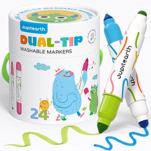JUPITEARTH Washable Dual Tip Markers for Kids, Broad & Round Tip, Easy-Grip Design for Little Hands, 24 Vibrant Colors Toddler Markers with Portable Case, Preschool Art Supplies for Kids Toddlers