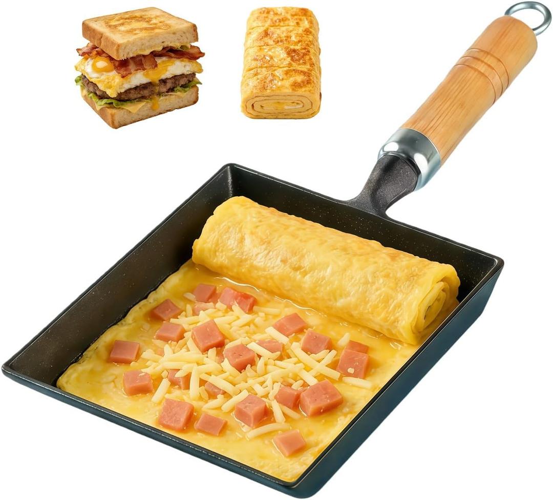 Cast Iron Tamagoyaki Pan, Japanese Egg Omelette Pan, Rectangular Breakfast Sandwich Frying Pan with Wooden Handle, Gas & Induction Compatible, Naturally Nonstick with Seasoning, 7.2 x 6.1 Inches