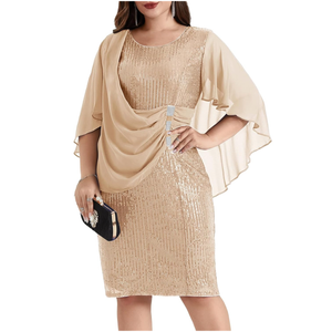 Hanna Nikole 2024 Womens Sequin Party Dress Plus Size Chiffon Cape Sleeve Cocktail Midi Dress Size 18