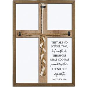 Matthew 19:6 What God Has Joined Sign 15"X10" Cord of Three Strands Braid for Wedding Ceremony Cross Ideas Wood Frame Christian Marriage Gifts Decor for Couple Anniversary Religious (Wood)
